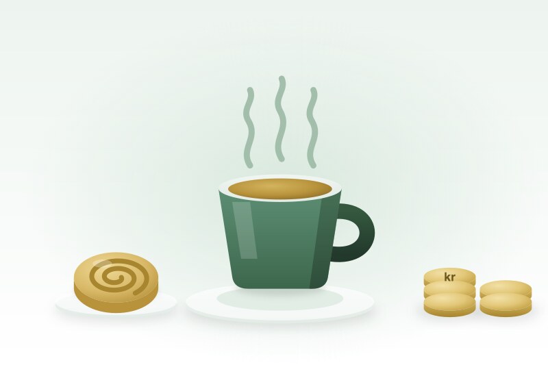 En grön kaffekopp på fat med ångande kaffe, en kanelbulle på en tallrik och två staplar med mynt.